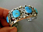 Native American Navajo Rich Blue Turquoise Row Sterling Silver Cuff Bracelet Bt