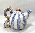 1990s Vtg Ceramic Whimsical Teapot And Cup Set Indigo Gate Line For Silvestri