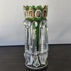 2 Antique 1800 s Bohemian Moser Emerald Green Enameled   Gold Gilt Glass Lustres