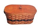 Amish Oval Knitting Sewing Basket Handmade Stained Oak Bottom Leather Handles