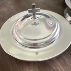 Communion Serving Set  2 Silver-tone Bread host Covered Trays Cross Lids