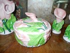 Antique Vintage Pink Ceramic Vanity Set Covered Dresser Box Candle Holders Vase