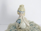 Antique Porcelain 5  Half Doll Pin Cushion Lady With Fan