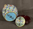 Old Chinese Cloisonn   Teapot Fine Wire Shou Longevity Design Wood Stand