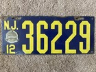 1912 New Jersey Porcelain License Plate - 36229 - With Badge - Very Nice 