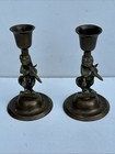 Rare Antique Pair Brass Cat        Fiddle Candlestick Holders 