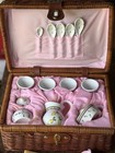 Pretend Play Porcelain Tea Set Wicker Basket Case W  Cups Pitcher Spoons