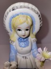 Vtg Porcelain Girl Sewing Thread Holder W  Pin Cushion No Sissors Blue   White