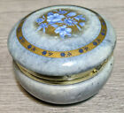 Vintage Round Blue Marbled Stone W floral Trinket Box  Hinged Lid  2 5  X 1 75 