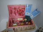 Vintage Dritz Pink  Wicker Woven Sewing Box Basket W notions Contents 1960 s