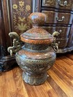 Heavy Large Ceramic Ornate Lidded Urn     Asian Style Decorative Jar