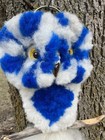 Vintage Macrame Fuzzy Owl Wall Hanging 21 Inches Blue And White