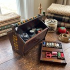 Vtg Folk Art Wooden Sewing Box Caddy Hand Painted Spool Handle Sewing Craft Box