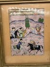 Antique Persian Illuminated Manuscript Page Horsemen Playing Polo Framed 12x10   