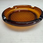 Vintage Amber Glass Ashtray Diamond Pattern 4 Cigarette Rest Round Retro Decor