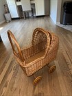 Vintage Brown Wicker Rattan Baby Doll Carriage Stroller Buggy Wood Wheels 23  T