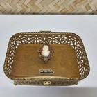 Vintage 24kgp Ornate Casket Coffin Jewelry Box Cameo Beveled Glass Filigree Foot