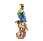 Vintage Majolica Parrot Figurine On Floral Tree Stump Blue Red Yellow Porcelain