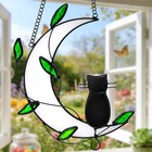 Green Leaf Moon Cat Light Catcher - Outdoor Hanging Window Pendant Decor