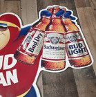 Vtg Bud Man Budweiser Metal Tin Beer Sign 1980 s Embossed Light Dry Bar 32x32