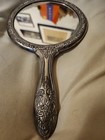 Antique Victorian Silverplated Hand Mirror Art Nouveau High Relief Flowers