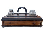Antique Wooden Desk Tidy Glass Inkwell Stand Handle Stationary Drawer Pen Recess