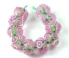 8 Lampwork Handmade Glass Pink Green Raised Scroll Rondelle Beads 