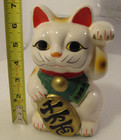 Lucky Cat Coin Bank Vtg Chinese Maneki Neko Slot Machine Charm 7  White Ceramic
