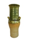 Vintage Mid-century1980 Pottery Clay Glazed Drip Tall Green beige Vase W Handles
