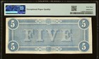 Pmg Chunc63 T-69  5 1864 Confederate States Civil War Obsolete Banknote Currency