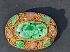 Antique Chinese Export Silver Filigree Jade Jadeite Pink Tourmaline Brooch