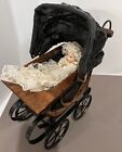 Victorian Style Doll Pram Black  Buggy Carriage Stroller Wood Wicker Nursery