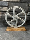 Industrial Cast Aluminum Wheel     Wood Base     Industrial   Steampunk Decor