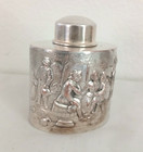 Antique E g Webster   Son Handmade Silver Plate Tea Caddy Decanter Travern Scene