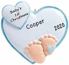 Personalized Baby Feet In Heart  blue  Baby s First Christmas Tree Ornament