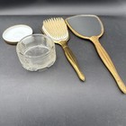Vanity Set Set Of 3 Hand Mirror   Brush W Beveled Handle Large Jar  lid Vintage