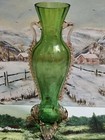 Antique Victorian Hand Blown Emerald Green Glass Vase With Pink Accents
