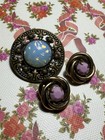 Vintage Brass Button Lot Ornate Blue Opalescent Pink Glass Decorative Buttons