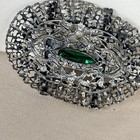 Vintage Art Deco Revival Belt Buckle Green Centerpiece Filigree Gunmetal Tone A6