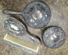 Vtg 1930 s Rococo Floral Silver Plate Vanity Set Brush Comb Powder Jar Mirror
