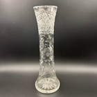 Vintage Cut Glass Trumpet Vase 12 Inch Clear Etched Floral Starburst Base Decor