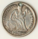 1876 Love Token Seated Liberty Dime - Engraved Moi  Chain Hole - Lt18