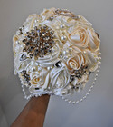 Handmade Satin Rose Ribbon Wedding Bouquet Artificial Bridal Pearls Beads Ivory