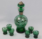 Vtg Decanter   6 Cordial Glasses Floral Silver Overlay Green Glass Italy