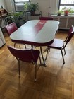 Vintage Mid-century Formica Chrome Red And Gray Dining Table  4 Chairs  And Leaf
