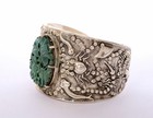 Chinese Turquoise Carved Plaque Solid Silver Bracelet Bangle Cuff Fish Crab Mk