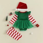 New Christmas Elf Baby Girls Velour Romper Jumpsuit Dress Hat   Socks Outfit Set