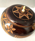 Vintage Round Turned Hand Carved   Decorated Wooden Trinket Box With Lid 4  Wide