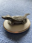 Small Porcelain bone China 2 1 2    Oval Trinket  Box With Pewter Alligator On Lid