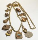 Vintage Gold Tone Mid Century   Victorian Brass Enamel Charm Chain Necklace